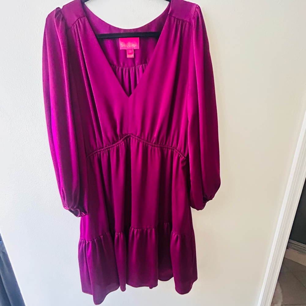 Women's Magenta V-Neck Tiered Dress